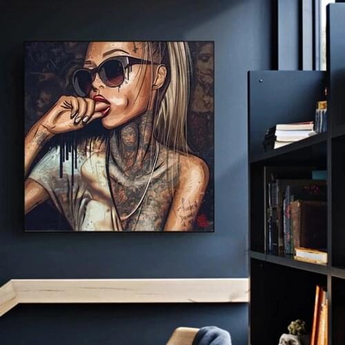 Abstract Cool Sexy Girl Tattoo Canvas Painting Wear Glasses Women Portrait Posters Wall Art Pictures for Living Room Cuadros