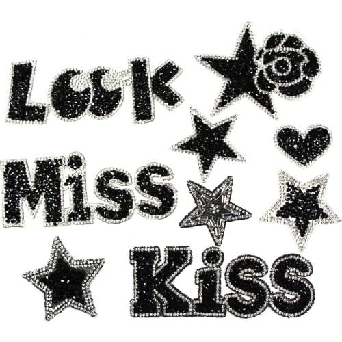 Glitter Rhinestones Patches Star Heart Letter Love Patch Sew On Applique Black Hot Fix Rhinestone Badge For Clothes Shoes Bags