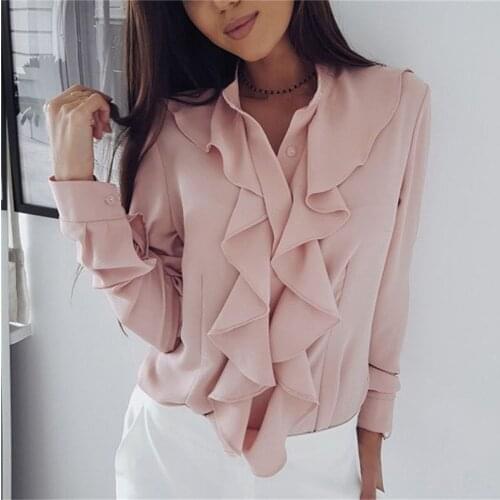 White Blouse Fashion Female Full Sleeve Casual Shirt Elegant Ruffled V-Neck Office Lady Tops Women Wear