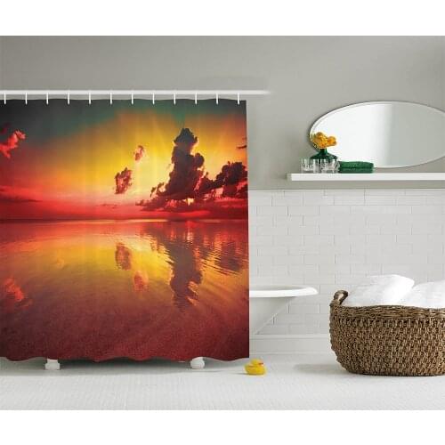 Seashore Decor Shower Curtain Sunrise Over and Sea Sunny View Cloudy Morning Print Polyester Fabric Bathroom Set with Hooks
