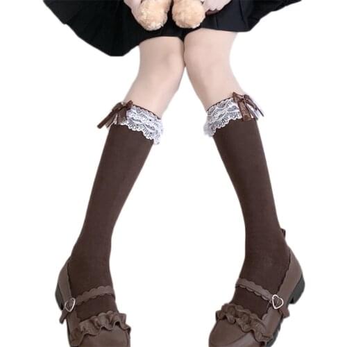 Japanese Lolita Maid Cosplay Knee High Long Socks Sweet Layered Ruffled Lace Big Bowknot Kawaii Cotton Student Stockings
