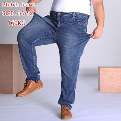 High Waist Jeans Big Men Black Oversized 46 48 Plus Male Stretched Loose Straight Tall Man Trousers Denim Blue Elastic Trousers
