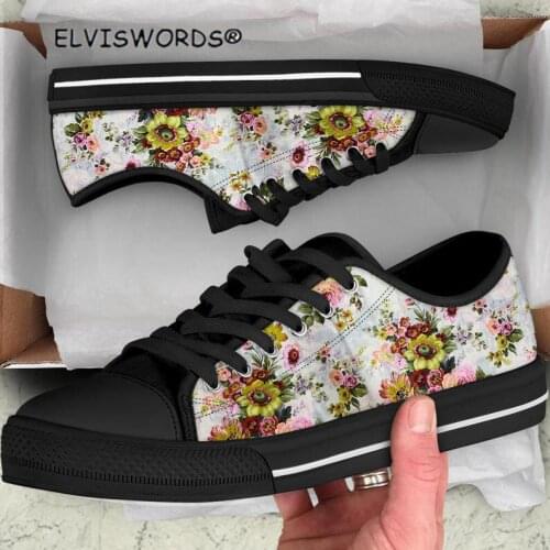ELVISWORDS Fashion Flowers Design Breathable Ladies Walking Shoes Casual Womens Vulcanized Shoes Female Comfortable Flats Shoes
