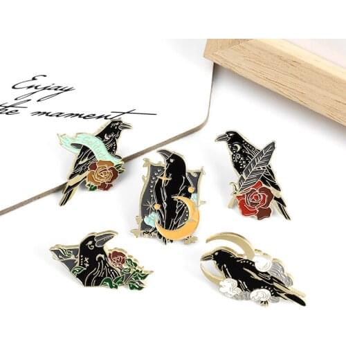 Solitude Gothic crow enamel pin black bird pink flower badge brooch Denim Jackets Shirt bag Lapel pin jewelry gift for women