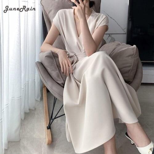JuneRain Elegant Slim Dress Women V-neck Short Sleeve Casual Midi Dress Office Lady Dress Vintage Street Party 2021 Summer Chic
