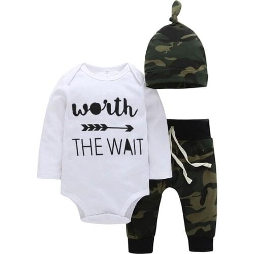 Newborn Baby boy girl clothes outfit 2019 Worth The Wait Cotton Bodysuit+Camouflage Geen Pants+Hat 3 Pieces Baby clothing sets