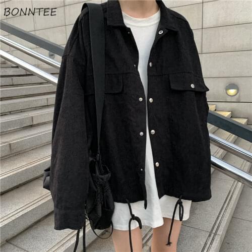 Basic Jackets Women Corduroy BF Loose Long-sleeve Teens Solid Button Lace-up Korean Spring Students Leisure Streetwear Ladies