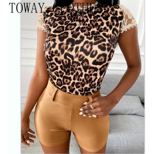 Summer Women Leopard Print Keyhole Lace Trim Short Sleeve & Shorts Set