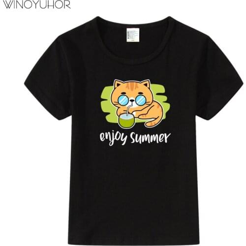 Enjoy Summer Cute Cat Printed T-Shirt Children Cartoon Anime T Shirt Toddler Baby Short Sleeves Tshirt Boy Girls Tops