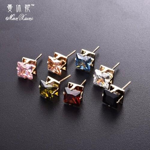 MANXIUNI Brand Colorful Dazzling Square Copper Stud Earrings with Zircon Stone Women Birthday Gift Bijouterie