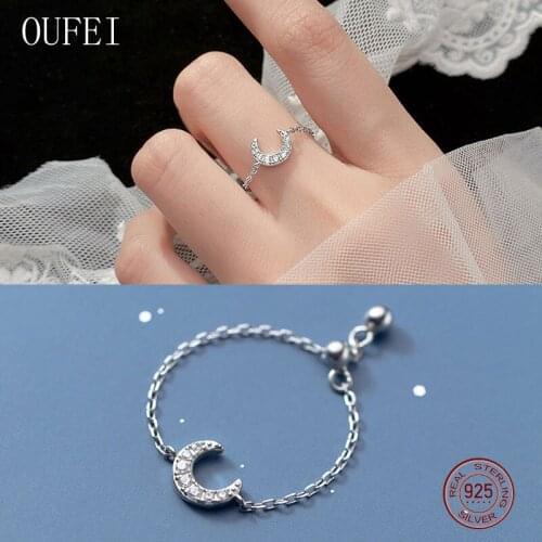 Moon Ring Chain Gifts For Mom 925 Sterling Silver Fine Rings Women Simplicity Adjustable Unique Rings Fine Jewelry Accessories