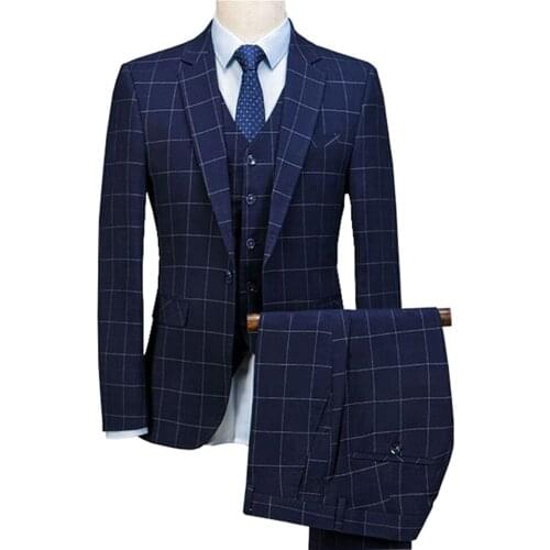 Suit Men Royal Blue 3 Pieces Suit Mens Plaid Slim Fit Wedding Suits Groom Tweed Wool Tuxedos For Wedding (Jacket+Pants+Vest)