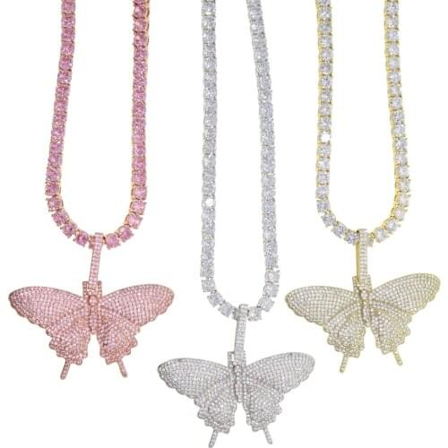 2020 iced out sparking bling cz Cuban pink pinky women choker jewelry 5A cz tennis chain hip hop rock cz butterfly necklace