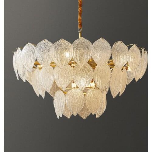 Luxury Copper Layers G9 Led Pendant Lights Moder Glass Leaves Chain Hanging Lamp Art Deco Indoor Lighting Led Lamp Fixtures