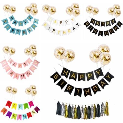 Happy Birthday Banner Pink Black Sequin Balloon Garland Flags Paper Tassel Decoration Wedding Birthday Party Kid Favor Supplies