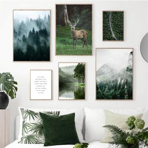 Fog Forest Nature Print Mountain Lake Landscape Wall Art Canvas Painting Animal Deer Poster Nordic Wall Pictures Home Decoration
