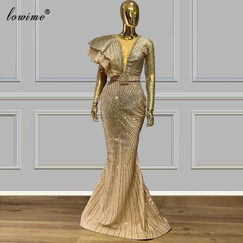 2020 Plus Size Dubai Evening Dresses Mermaid Gold Glitter Robe De Soiree Formal Prom Gowns Party Arabic Couture Vestidos