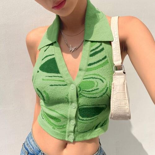 Y2K Circle Print Sexy Backless Knit Halter Crop Tops Women Summer Casual Sleeveless Tank Top Tees Fashion Green V Neck Vest 2021