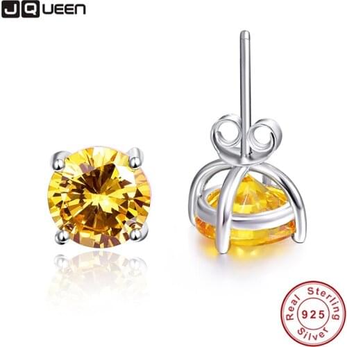 100% 925 Sterling Silver Stud Earrings Women Natural Stone Earrings Classic Style Round Amethyst Citrine Topaz Fine Jewelry
