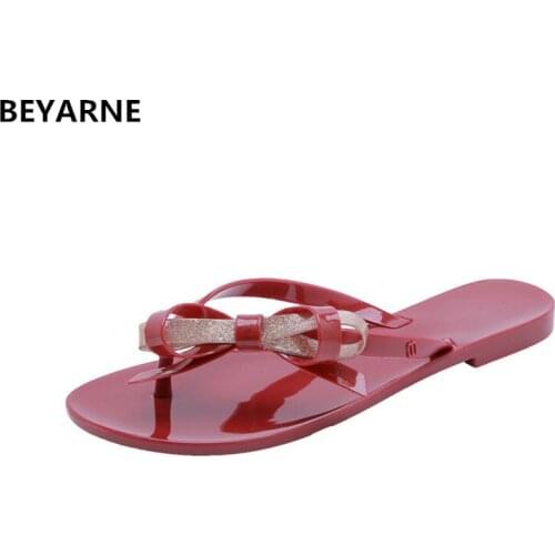 BEYARNE woman jelly shoes lady students summer flats sandals women summer beach flip flops slides woman slippers sweet bowties