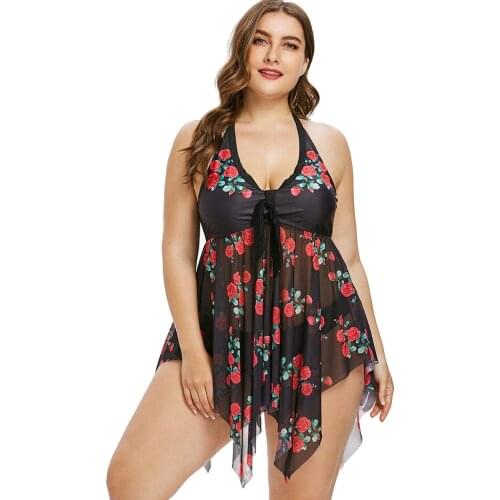 Plus Size Womens Swimwear Rose Print Two Pieces Swimsuits Sexy Halter Swim Dress Transparent Women Bathing Suit Beachwear 4XL