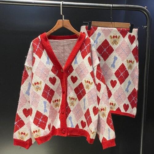 Womens Sweater Cardigan Skirt Two-piece Sets Loose-fitting Outer Wear Autumn V-neck Knitted Gentle Wind Retro Fashion Suit