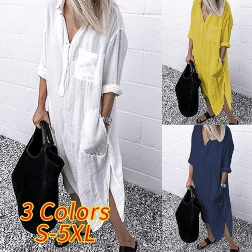 2021 Women Lapel Long Sleeve Autumn Shirt Dress Cotton Split Dresses Elegant Solid Work Office Vestidos Female Tunic Robe