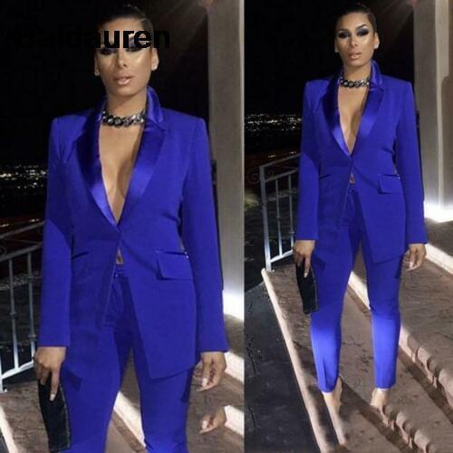 Royal Blue Mother of the Bride Dresses Long Sleeve Ladies Party Suits Blazer Deep V-Neck Pant Formal Wedding Party Gown