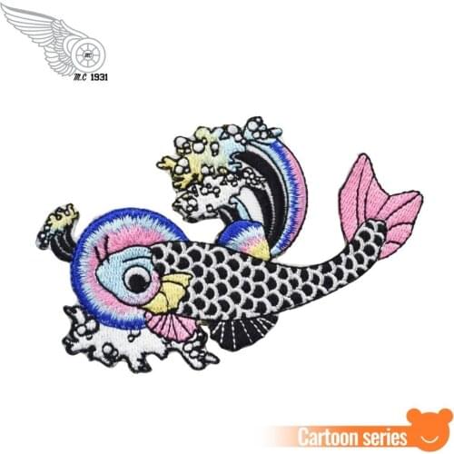 Carp 100% Embroidery Colorful Patches Embroidered Iron on DIY Applique Clothing Patch Free Shipping White Twill Fabric
