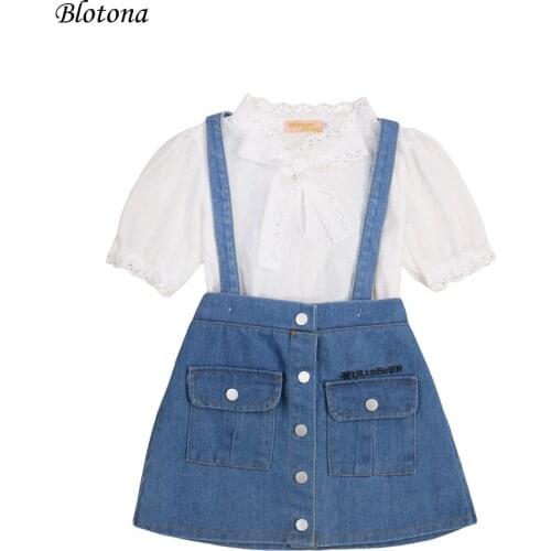 Blotona Fashion 2Pieces Kids Suit Set, Girls Lace Trim Stand Collar Elbow Sleeve Shirt+ Suspender Skirt for Summer, 2-10 Years