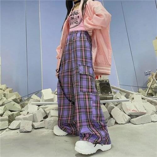 Hip Hop Fashion Wide Leg Trousers Purple Plaid Cargo Pants Streetwear Women Harajuku Hippie Gothic Baggy Pantalones Mujer 2021