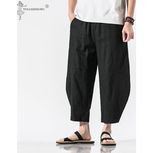 Summer Japanese Style Harajuku Plus Size Men Trousers Crane Samurai autumn Costume Loose solid color linen Pants Haori Asian
