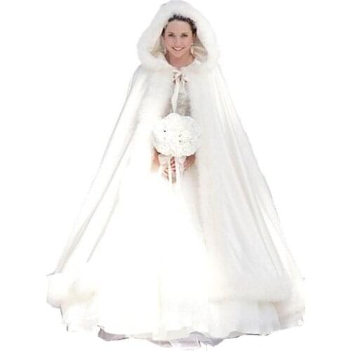 Elegant White Ivory Warm Bridal Cape Winter Fur Women Jacket Bridal Floor Length Cloaks Long Party Wedding Coat