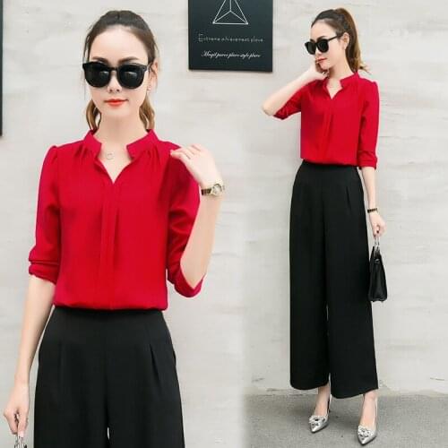 Set female 2018 spring new womens fashion elegance temperament wide leg pants suit womens chiffon two-piece