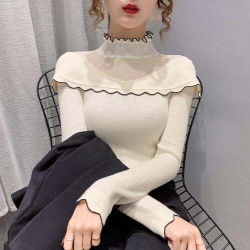 Korean Knitted Woman Sweaters Chic Turtlenneck Pullovers Warm Sweater Female Casual Ruffled Collar Solid Tops Jumper Unif 2021