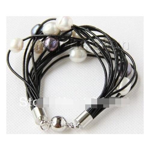 8 "13mm 15row White Black Beads Black Leather Strap>>> free shipping