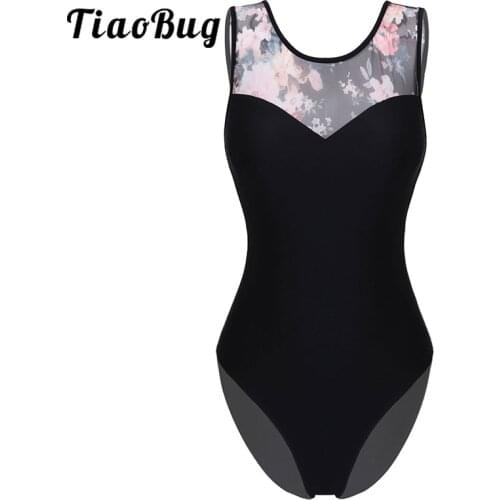 Floral Mesh Patchwork Gymnastics Leotard Women Sleeveless Black Bodysuit Monokini Stage Performance Costume for Ballet Dancewear