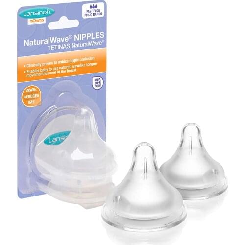 Lansinoh Natural Wave Bottle Nipples, Fast Flow, 2 Count, Baby Feeding