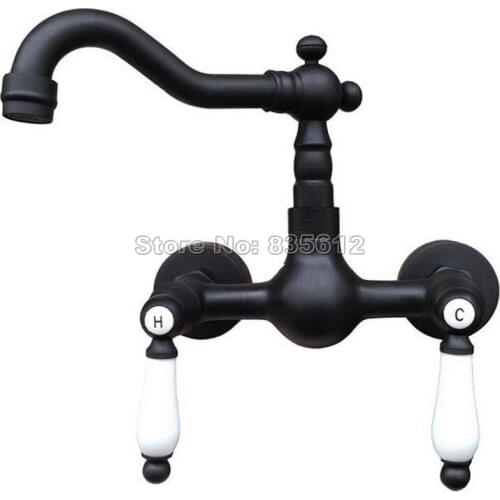 Black Oil Rubbed Brass Wall Mounted Dual Ceramic Handles Kitchen Sink Basin Mixer Tap / Swivel Spout Vessel Sink Faucets Wnf522