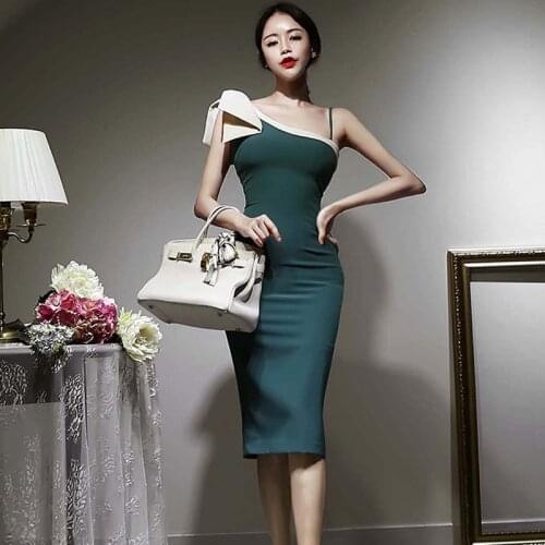 Summer Korean Elegant Party Dress Ruffle Bow Slash Neck One-Shoulder Slim Pencil Dress 2021New Fashion