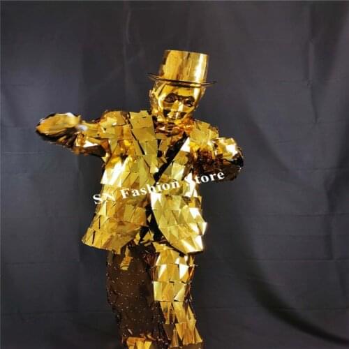 Q16 Gold mirror men suit robot men performance mirror stage dance costumes bar model wear jacket hats dj show outfit singer wear