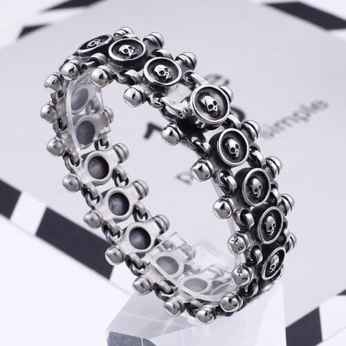 Punk Rock Vintage Skull Bracelet For Men Matte Stainless Steel Linking Skull Charm Bracelets Gothic Bike Biker Halloween Jewelry