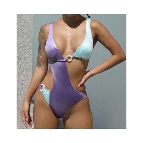 Newest Arrival Women Sexy One-piece Swimsuit Ladies Summer Shiny Hollow Out Color Block Swimwear with Chest Pad Bathing Suits