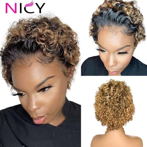Pixie Cut Wig Blonde Highlight Lace Front Human Hair Wig Curly Bob Pre Plucked 13x4 Lace Human Hair Wig Pre Plucked