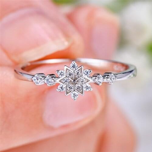 Luxury Female Flower Snowflake Ring Real 925 Sterling Silver Gold Wedding Ring Dainty White Zircon Engagement Rings For Women