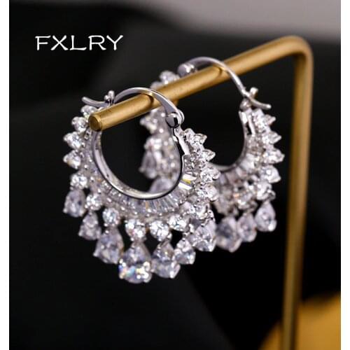 FXLRY elegant White color cubic zircon waterdrop tassel dangle earrings party bridal wedding jewelry