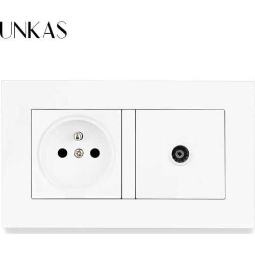 UNKAS PC Plastic Panel 16A French Standard Wall Power Socket + TV Televtion Connector Jack 146MM*86MM 2 Gang Outlet