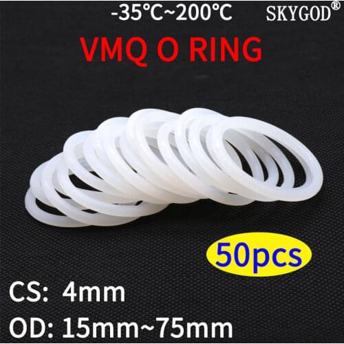 50pcs VMQ O Ring Seal Gasket Thickness CS 4mm OD 15 ~ 75mm Silicone Rubber Insulated Waterproof Washer Round Shape White Nontoxi
