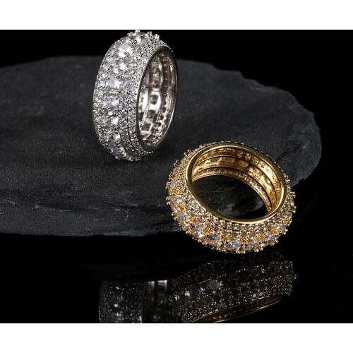 Hip Hop 5 Row Tennis Iced Out Bling Full CZ Charm Hollow Tready Copper Cubic Zircon Ring For Men Jewelry Gold Size 7-11