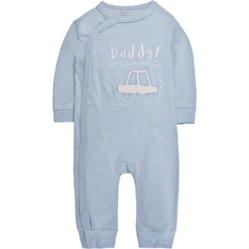 Y381 Baby Conjoined clothing spring new cotton boy and girl Long-sleeved diagonal open button piece of clothes Blue car jersey